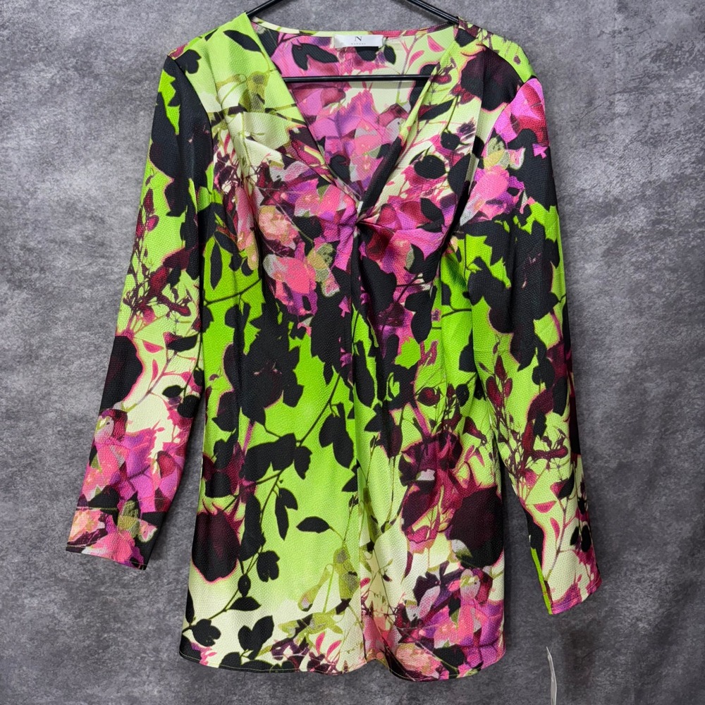 Natori Top Blouse Women's L Twist Neck Black Green Pink Floral Silky 3/4 Sleeve